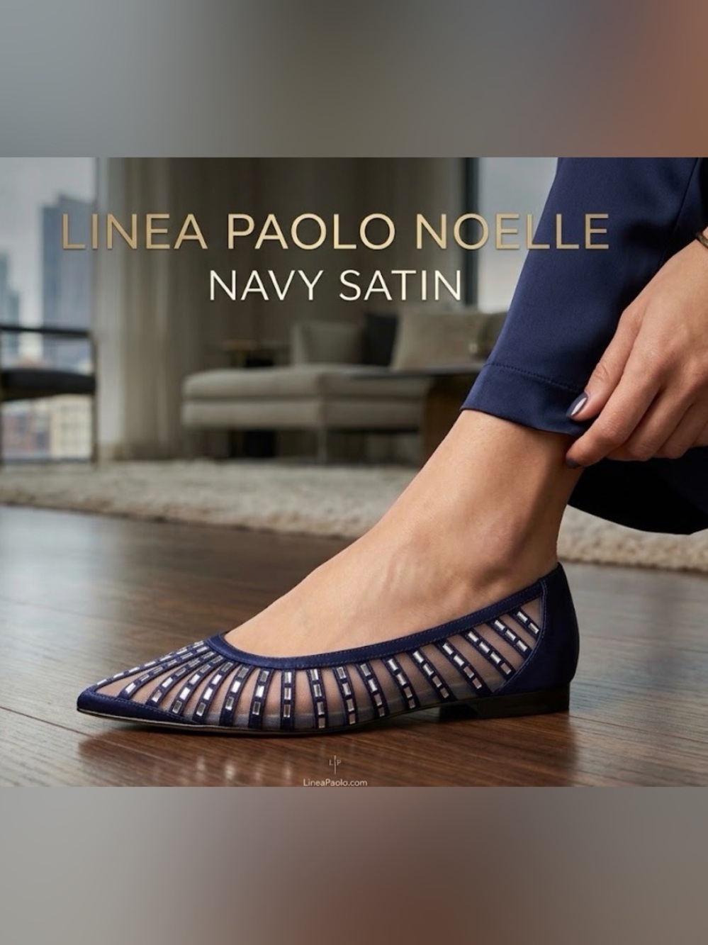 Linea Paolo Navy Satin Pointed Ballet Flat with rhinestones SZ6